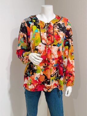 Susan Graver Women's Colorful Floral Abstract Long Sleeve Blouse Size M
